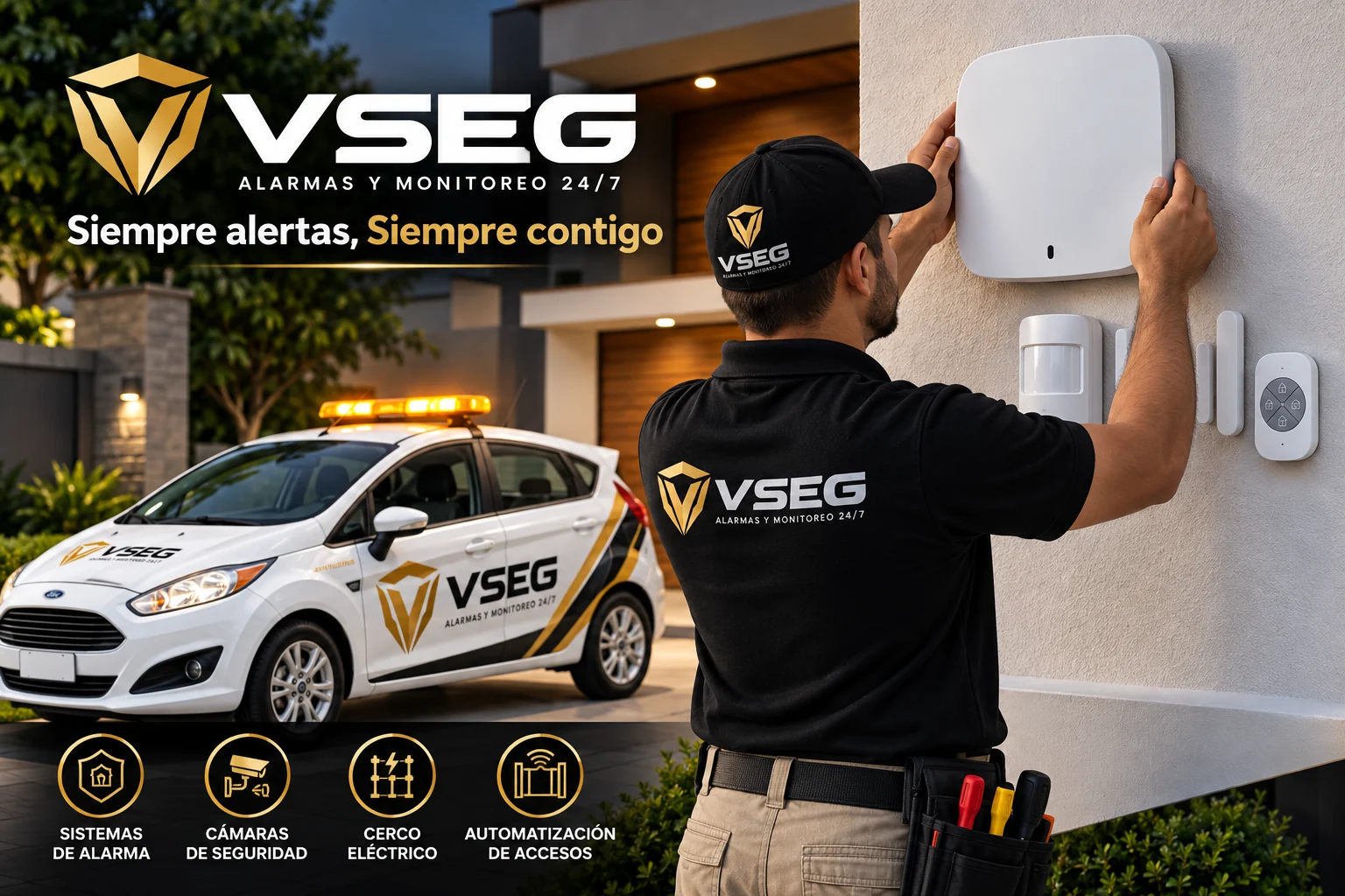 Técnico VSEG instalando sistema de alarma, vehículo de servicio y soluciones de seguridad electrónica
